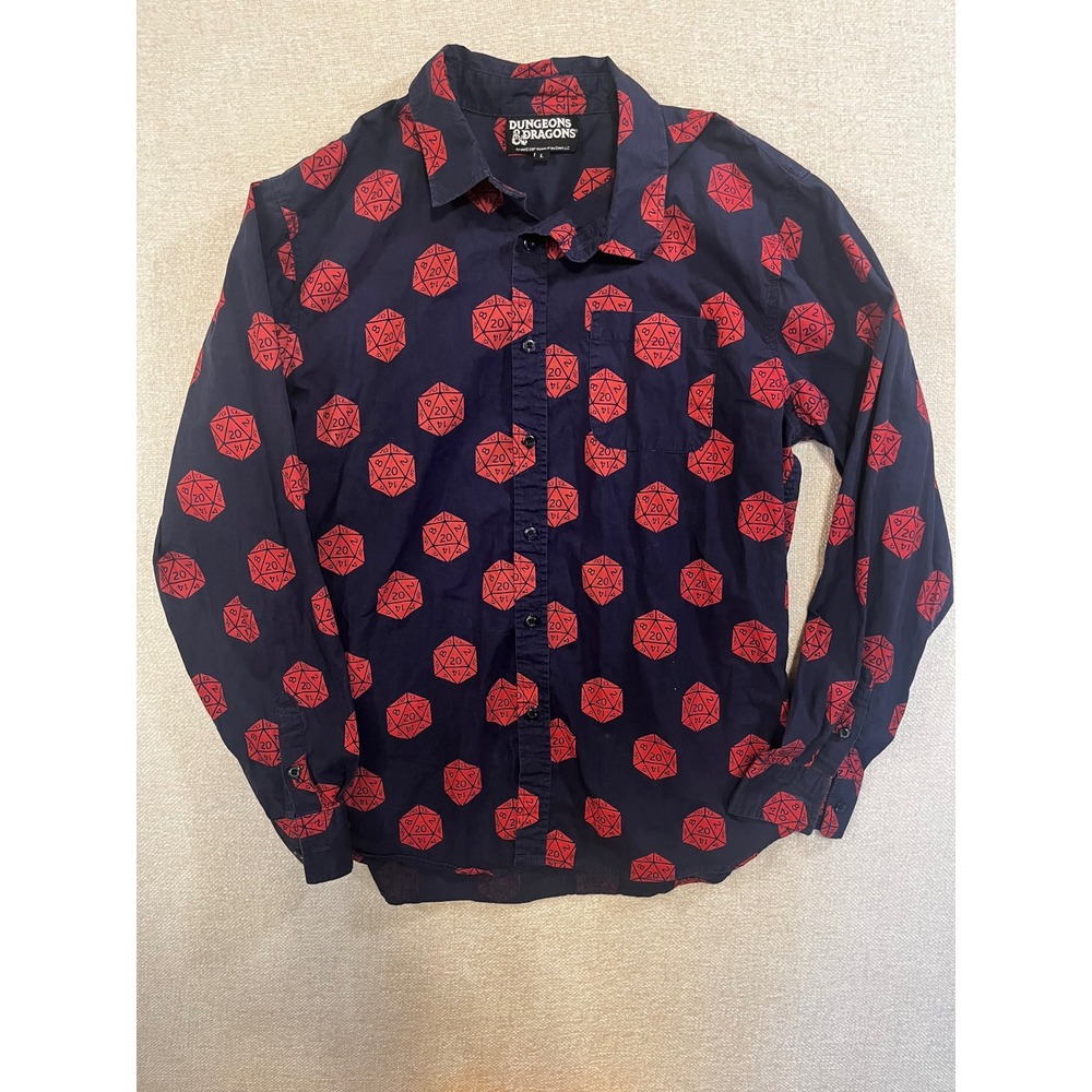 Dungeons & Dragons Mens D20 Dice Print Button Down Shirt Navy Blue, Red Large